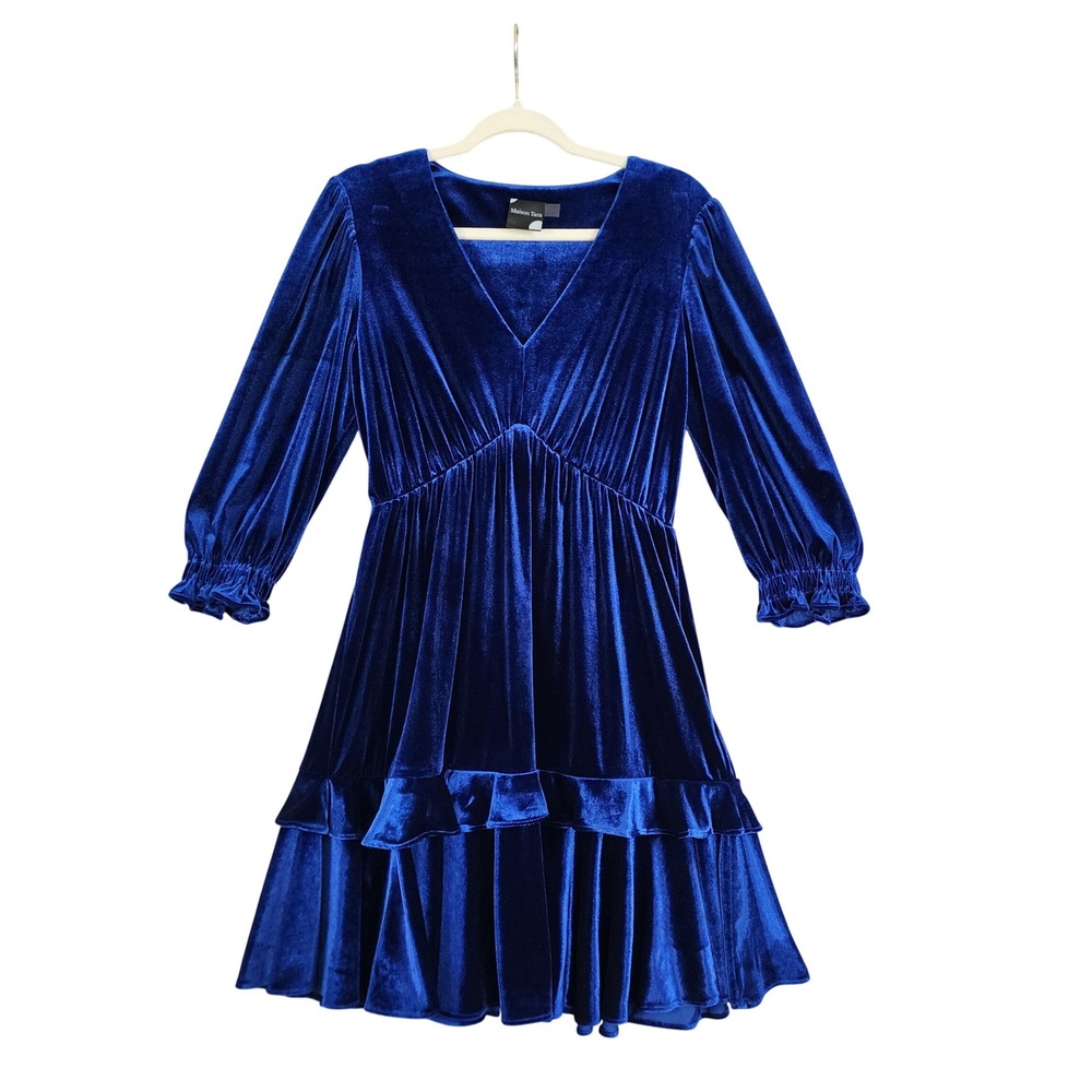 Maison Tara Womens Velvet Tiered Ruffle Mini Dress Size 12 Royal Blue V Neck